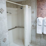 accessible bathroom with roll-in shower and grab bars